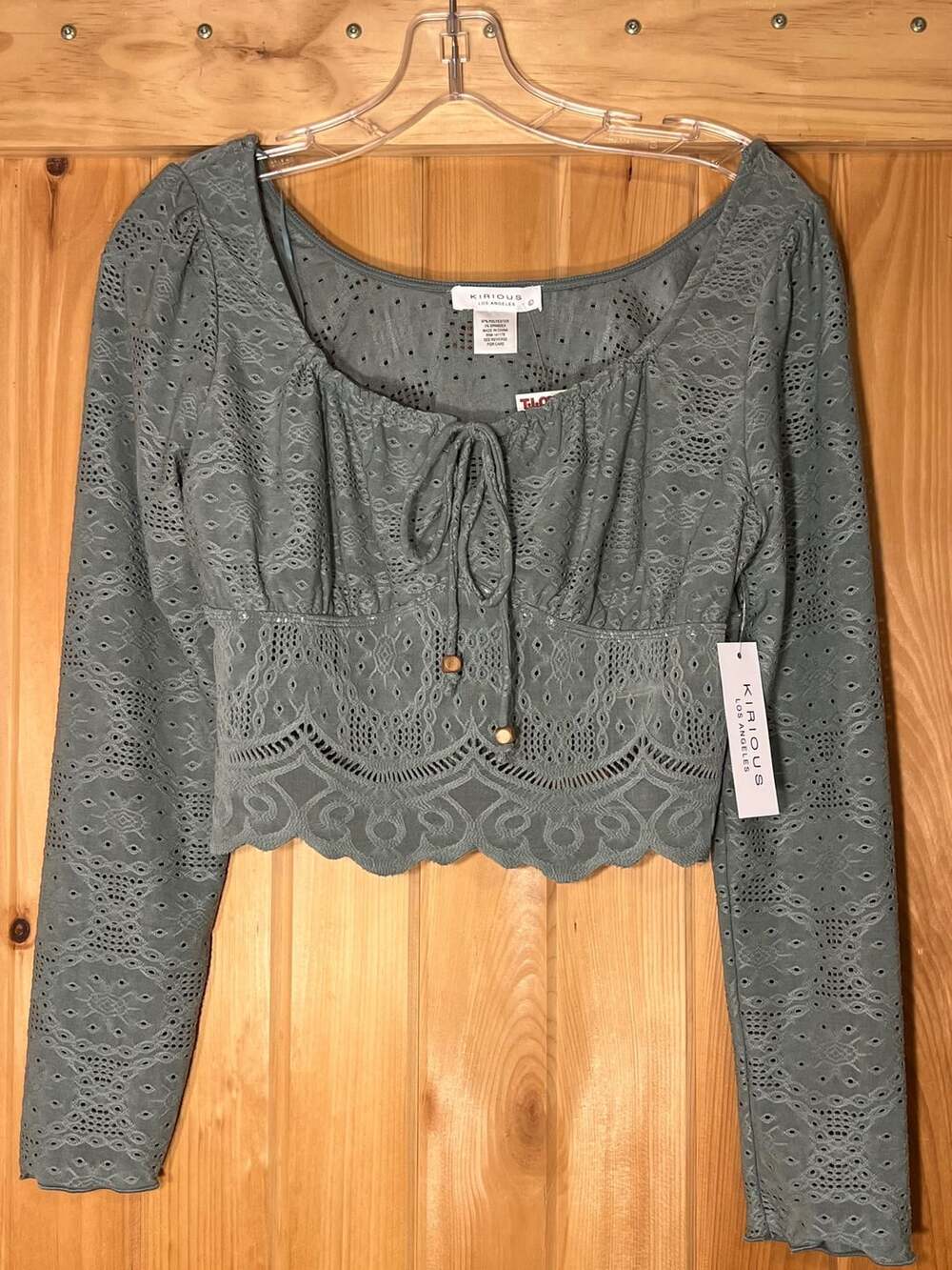 Kirious Los Angeles Sage Green Eyelet Lace Long Sleeve Crop Top Scalloped Hem